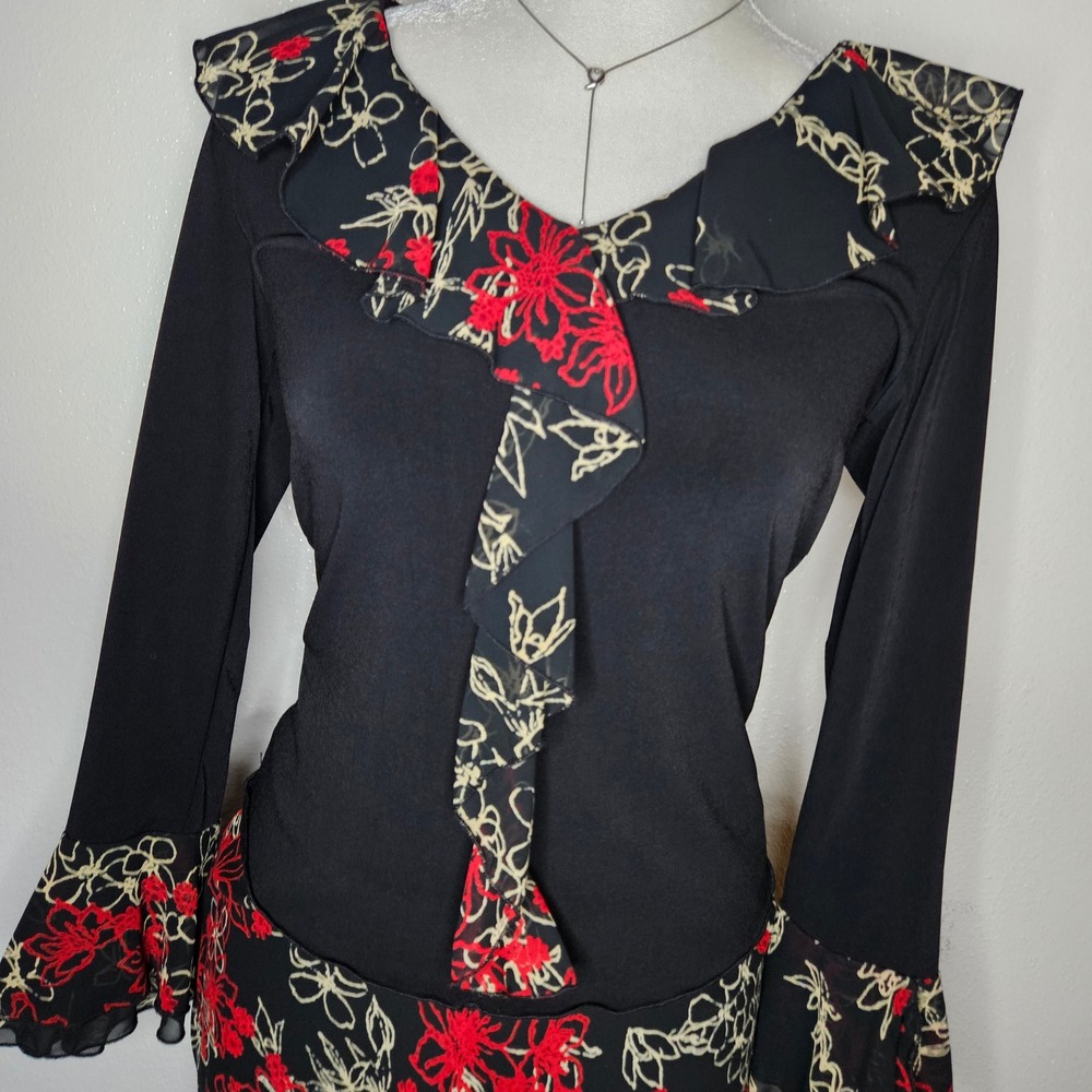Y2k Floral Ruffle V-Neck Top and Midi Skirt 2 Piece Set - Picture 4 of 6